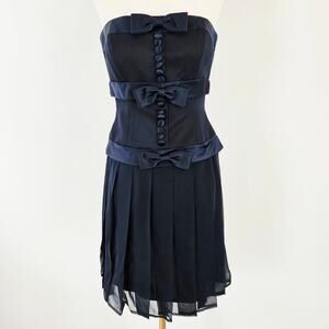Y2k Silk Drop-Waist Dress Navy Pleated Button & Bow Kathryn Conover - Size 2